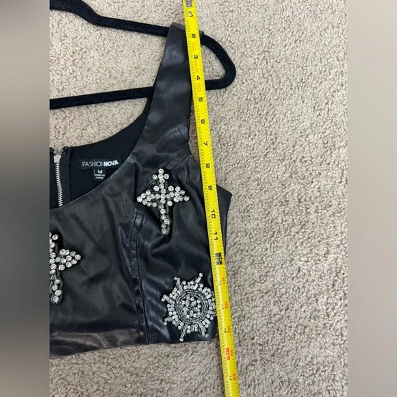 Fashion Nova Faux Leather Rhinestone Crop Top & Flare Pants Set | Black | M - Picture 13 of 15